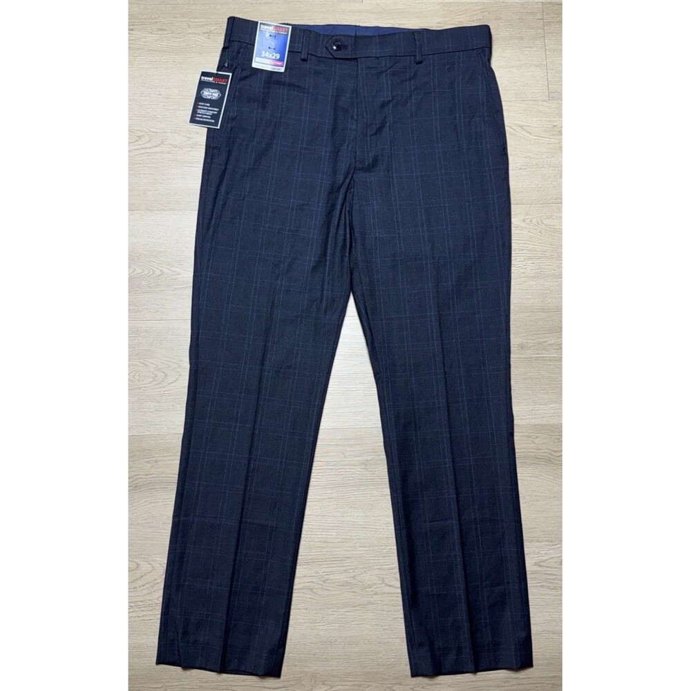 NWT Roundtree & Yorke Travel Smart Pants Ultimate Comfort Blue Microcheck 34x29